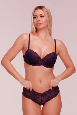 Кружевной темно-синий комплект с темно-красным рисунком